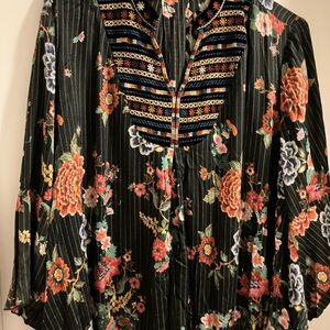 Johnny Was Black Floral Embroidered Blouse, Velvet yoke.